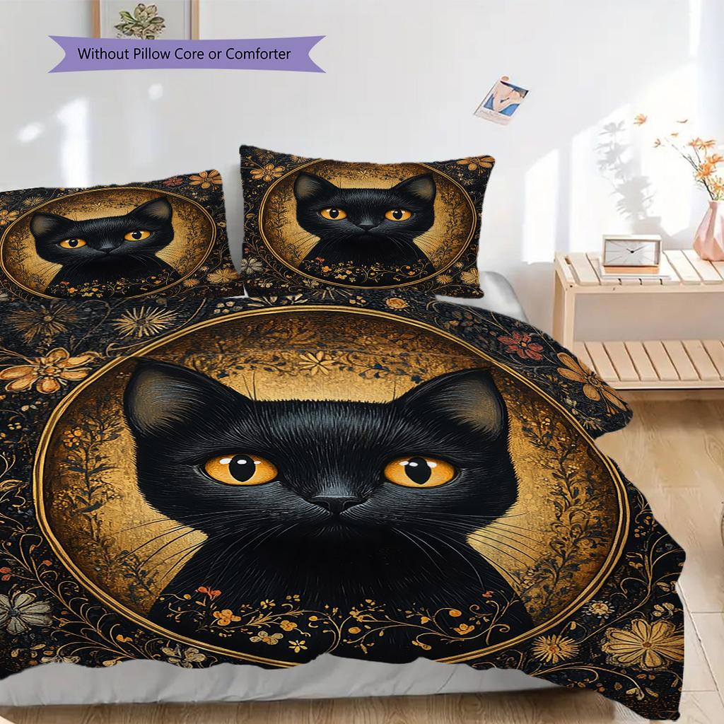 Black Cat Pattern Bedding Quilt Set Quilt Cover Pillowcase Home Decoration Birthday Gift (1 * Duvet Cover + 2 * Pillowcase, Without Core)