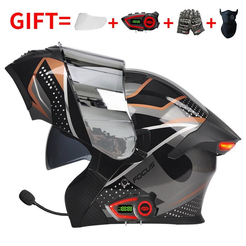 Bluetooth Smart Tail Light Motorcycle Flip-Up Helmet Men Women All Season Full Face Off-Road Riding