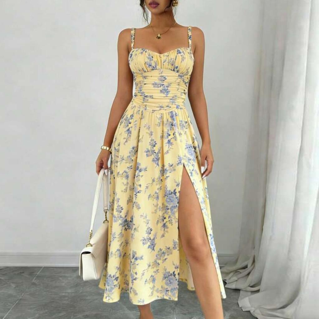 Women Floral Print Bohemian High Slit Spaghetti Strap Maxi Dress for Beach Holiday Casual Summer Outfits Sundress
