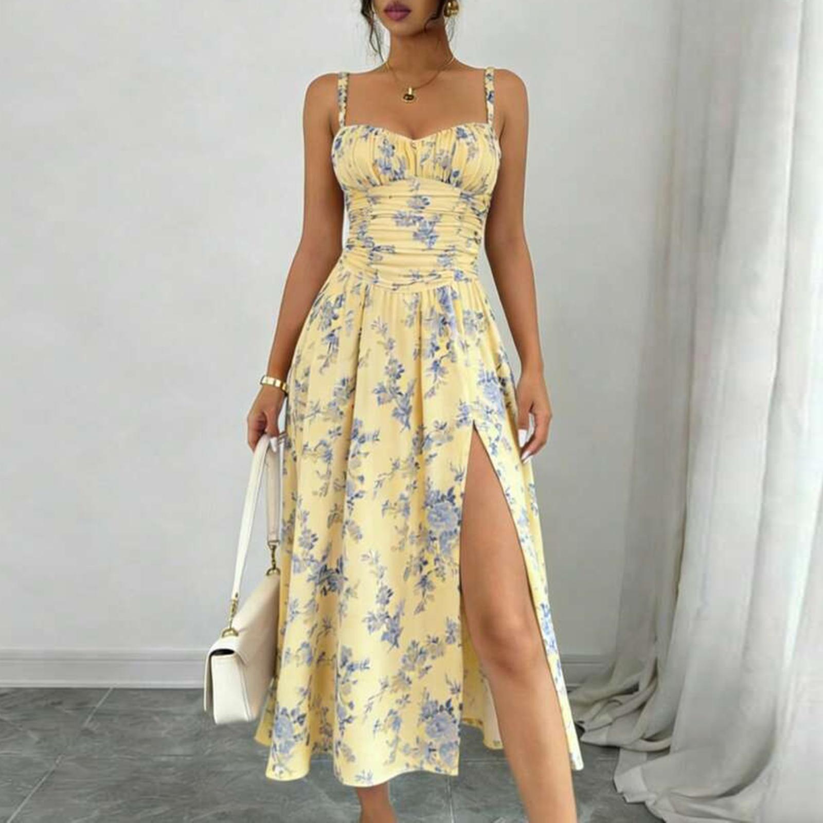 

Women Floral Print Bohemian High Slit Spaghetti Strap Maxi Dress for Beach Holiday Casual Summer Outfits Sundress S жовтий