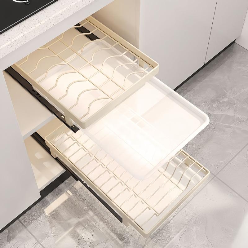 Pull-out Dish Rack Cabinet Built-in Multi-functional Integrated Bowl Rack Removable Drain Tray Kitchenware Rack
