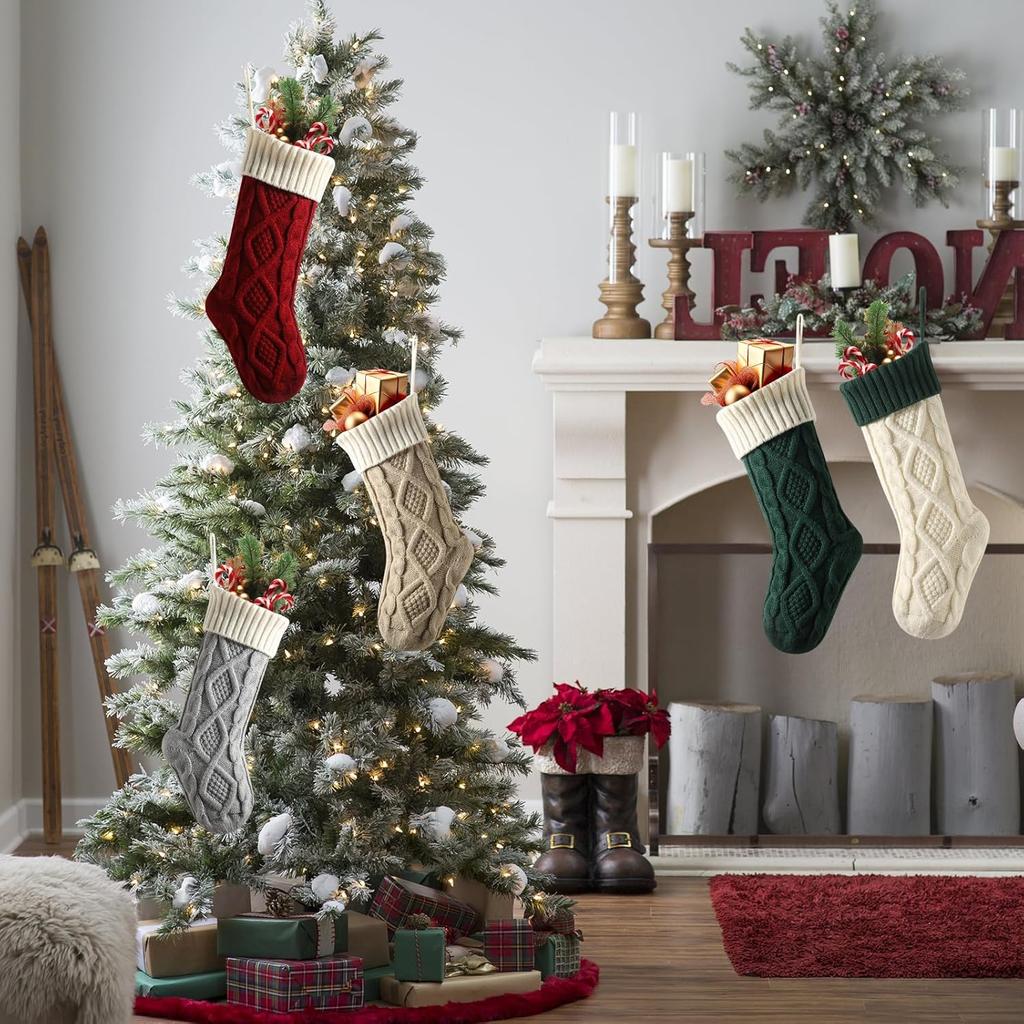 Meioro 18Inches Large Christmas Stockings, Large Cable Knitted Xmas Stocking, Color-Contrast Christmas Stocking for Fireplace Family Holiday Party