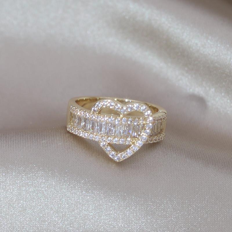 14K Gold Plating Luxury Love Zircon Ring Korea New Design Fashion Zircon Elegant Women's Party Opening Adjustable Accessories