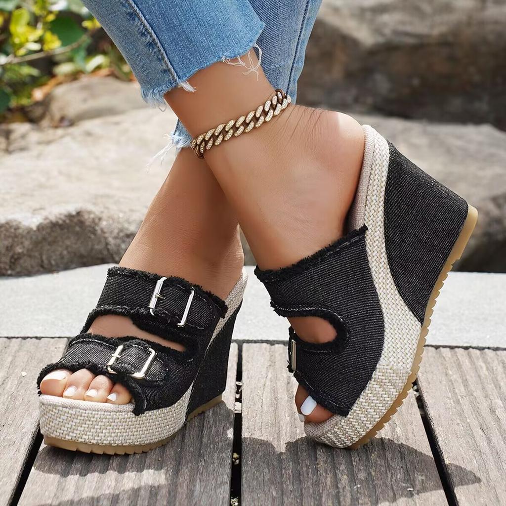 Keilabsatz Plateau Damen Sandalen Sommer Strohgeflecht Dicke Sohle Denim Hausschuhe Lässige Doppelschnallen Riemen Sandalen Damen