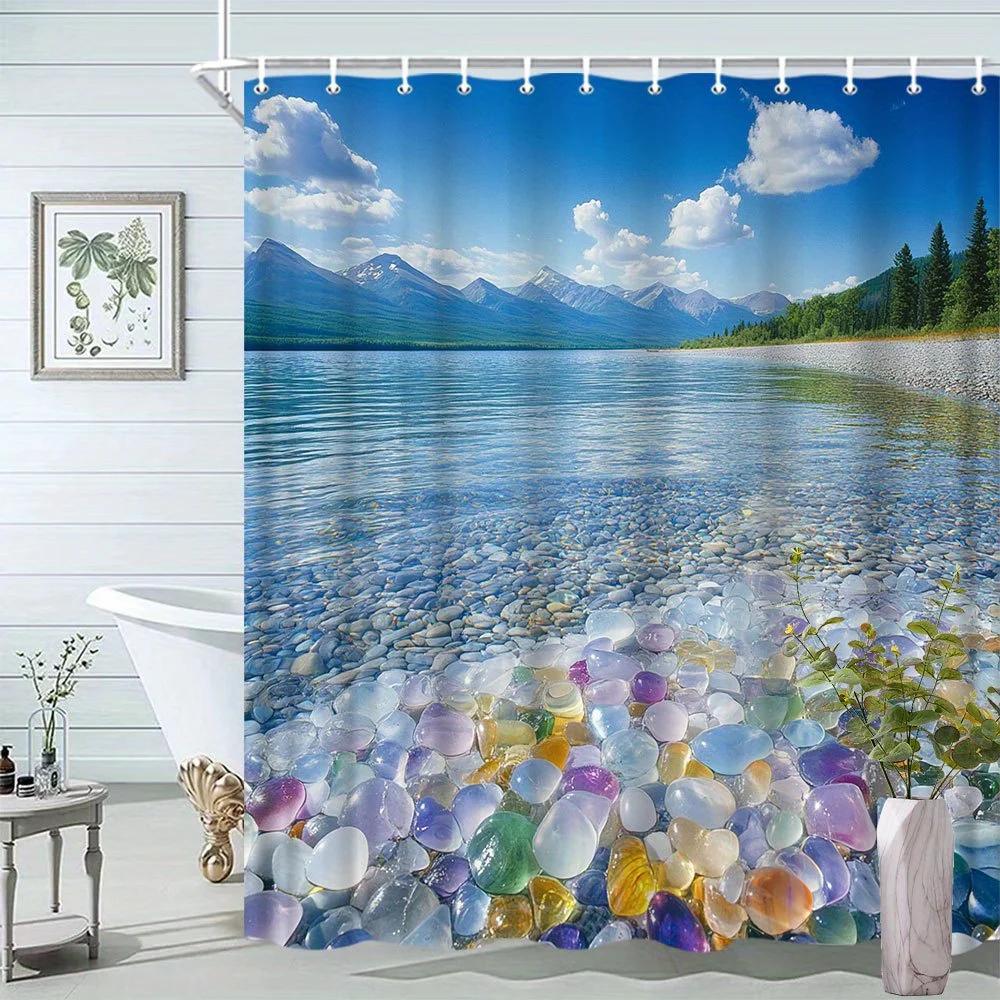 

1pc Landscape Shower Curtain Stone Lake And Mountain Scenery Bathroom Decoration Polyester Fabric Contains 12 Hooks 90x180cm