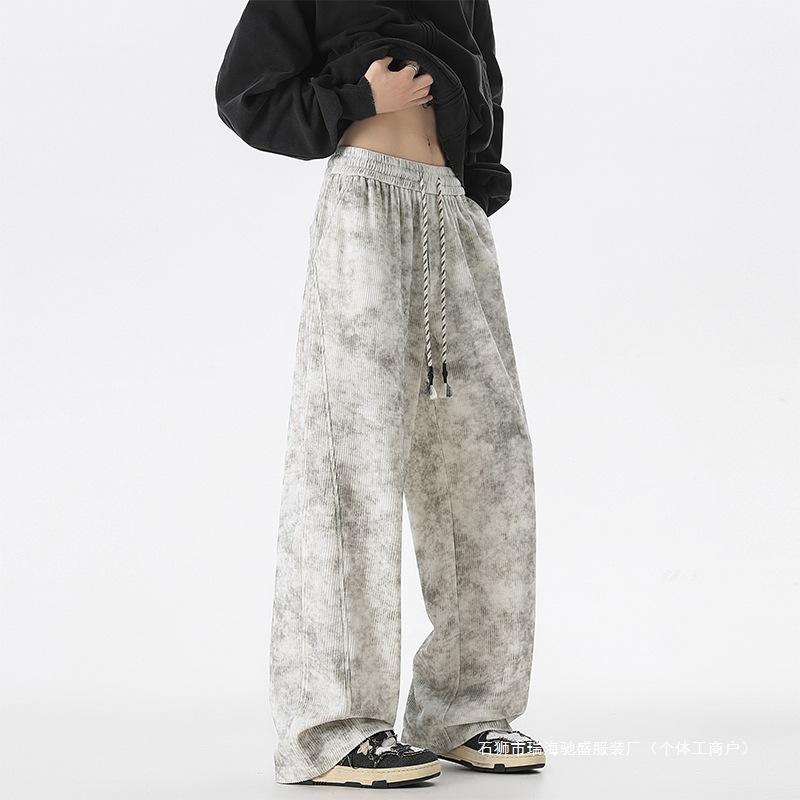 Men's Tie-Dye Wide Leg Pants - Corduroy Drawstring Loose Trousers for Streetwear and Casual Daily Wear