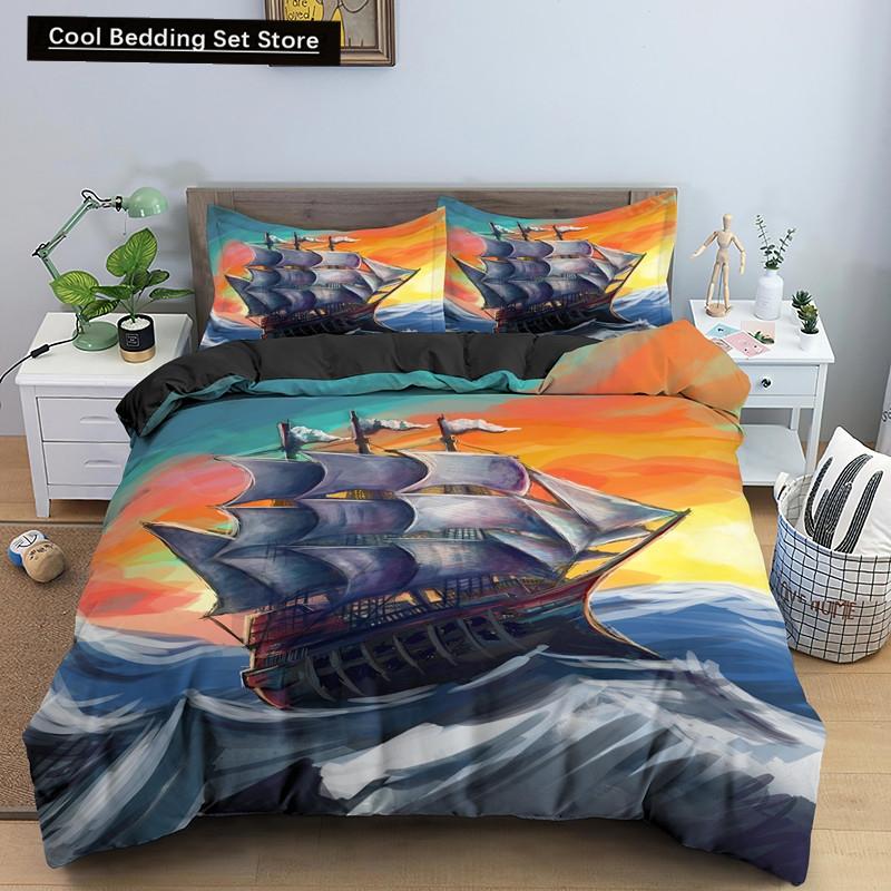 Nautical Sailboat Duvet Cover Queen King Size 3D Oil Painting Boat Style Bedding Set Ocean Soft 2/3pcs Polyester Quilt Cover