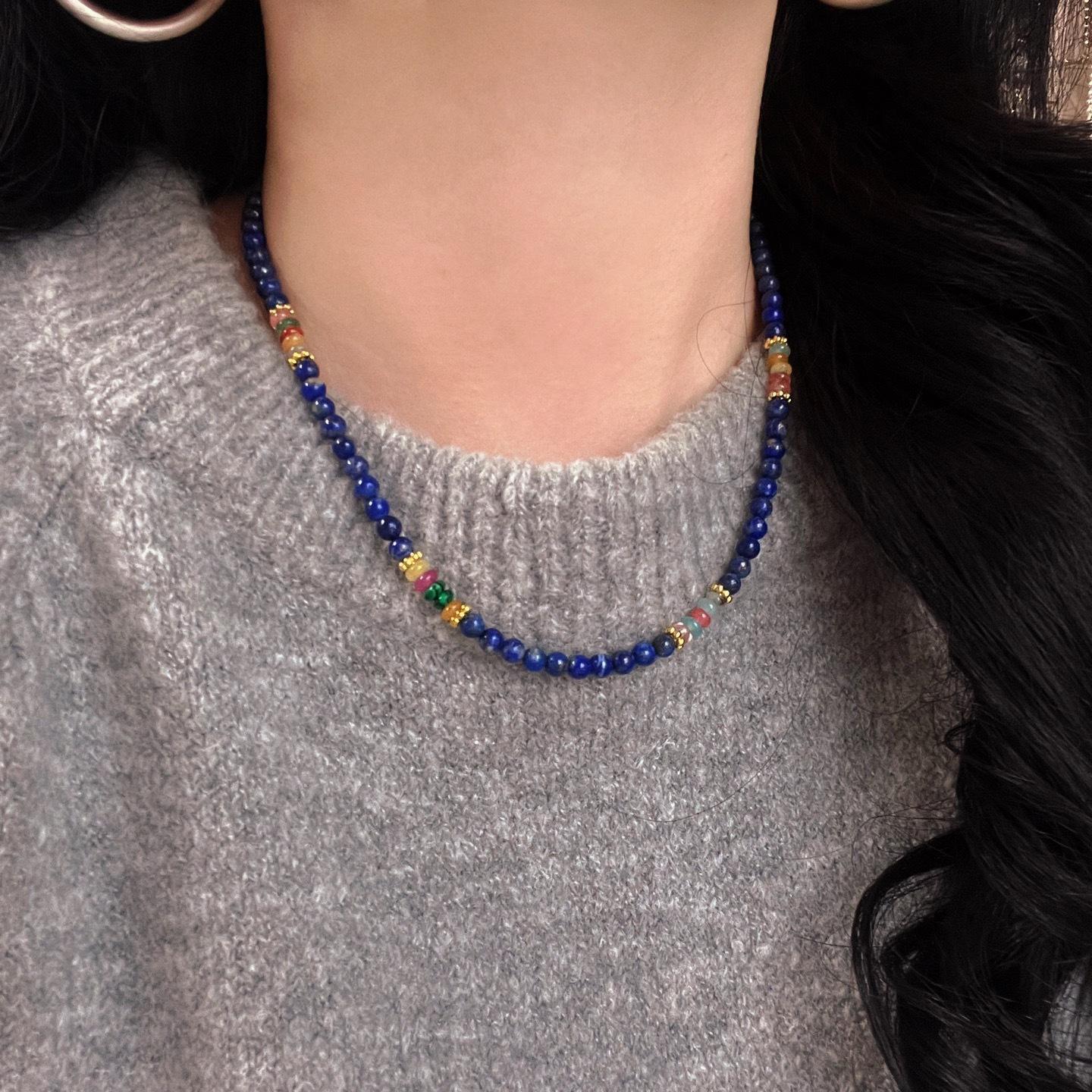 Autumn And Winter Retro Boutique Natural Lapis Lazuli Design Sense Necklace Collarbone Chain Sweater Chain Women