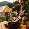 Outdoor Grill Pan for Camp Stove Meals, 12Inch Perforated Iron Pan with Folding Wooden Handle and Nonstick Surfaces