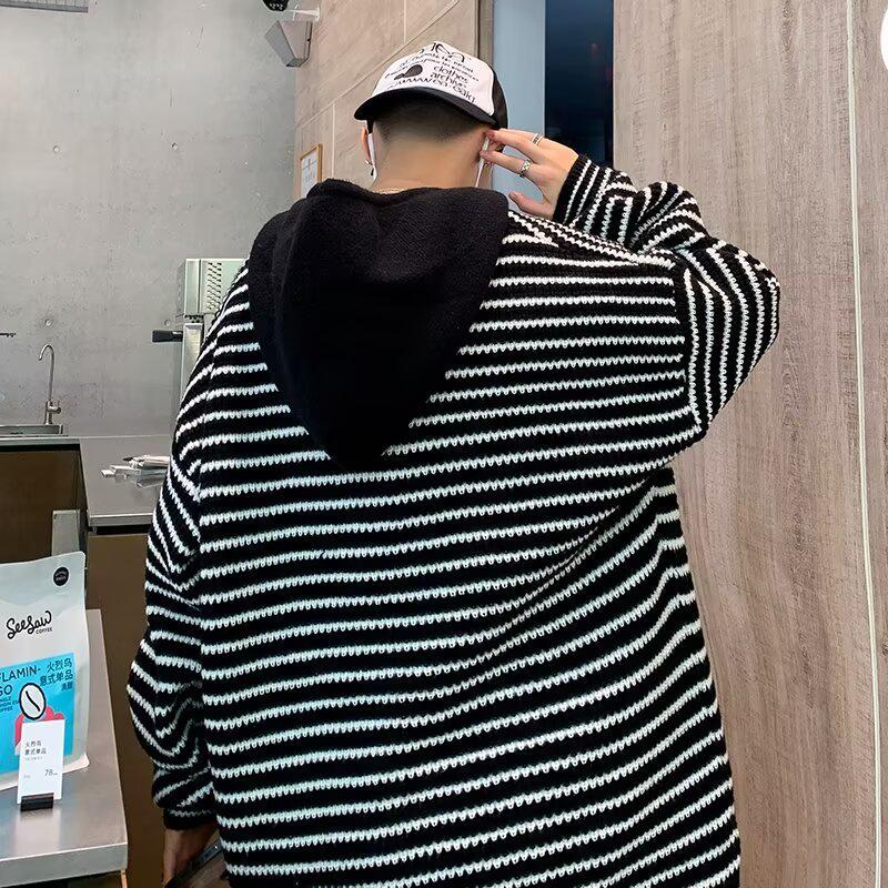 Unisex Striped Hooded Cardigan: Retro Streetwear, Autumn/Winter Cozy Casual Loose Knit for Teens