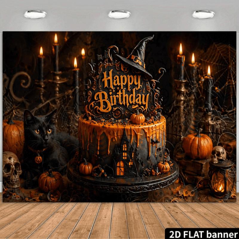 2D planar Halloween-themed birthday party banner background. Halloween style birthday theme with decorations.zyc