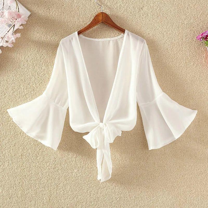 Moda Estate Piccolo Sciarpa Donna Estate Scollo a V Profondo Sottile Canotta Cardigan Camicia Top Elegante Ampio Traspirante Chiffon Abbigliamento Protezione Solare