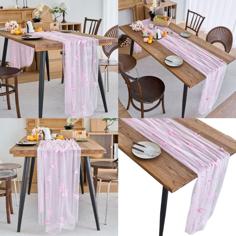 Mesh Lace Table Runner With Beaded and Embroidery 3D Butterfly Sheer Tulle Fabric Tablecloth For Dining Table Decors