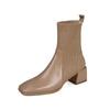 2026 New autumn and winter style thick and medium heel square toe short boots for women knitted apricot elastic single boots