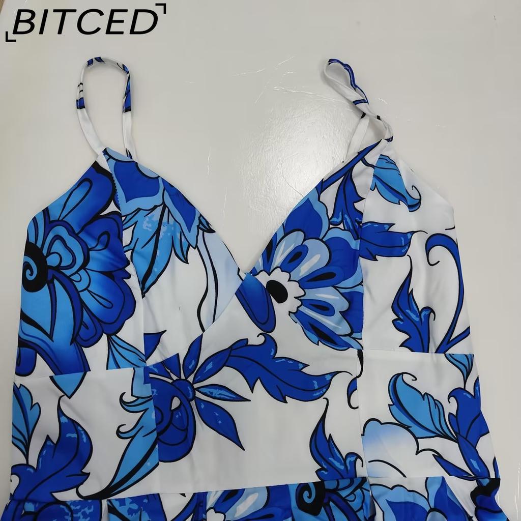 BITCED Spring Women's Casual Fashion Printed V-Neck Strapless Patchwork Split-Hem Full-Skirt Dress
