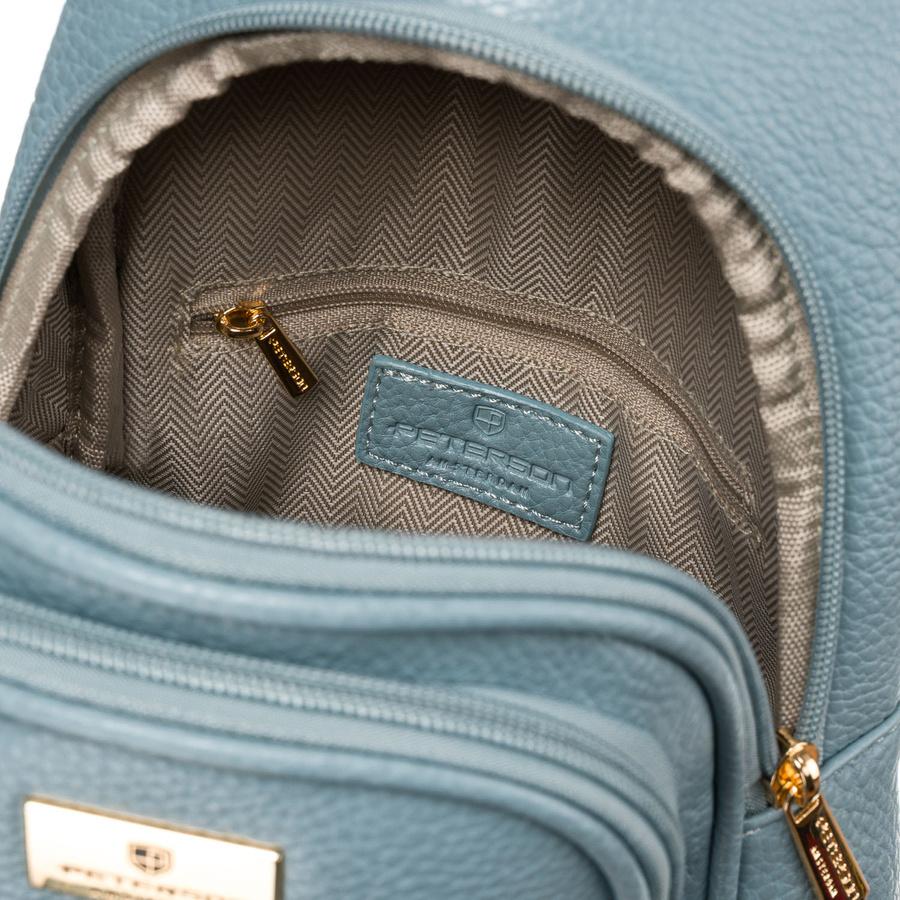 Blaue stilvolle kleine Damen-Tasche aus Öko-Leder, verziert mit goldenen Beschlägen, Bauchtasche Crossbody Peterson