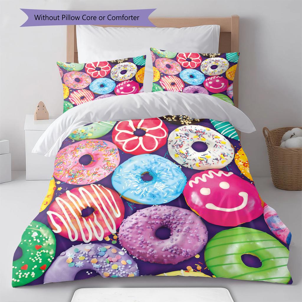 Pościel z wzorem kreskówkowych pączków Zestaw kołdry Poszewka na kołdrę Poszewka na poduszkę Dekoracja domu Prezent (1 * poszwa na kołdrę + 2 * poszewki na poduszki, bez rdzenia)