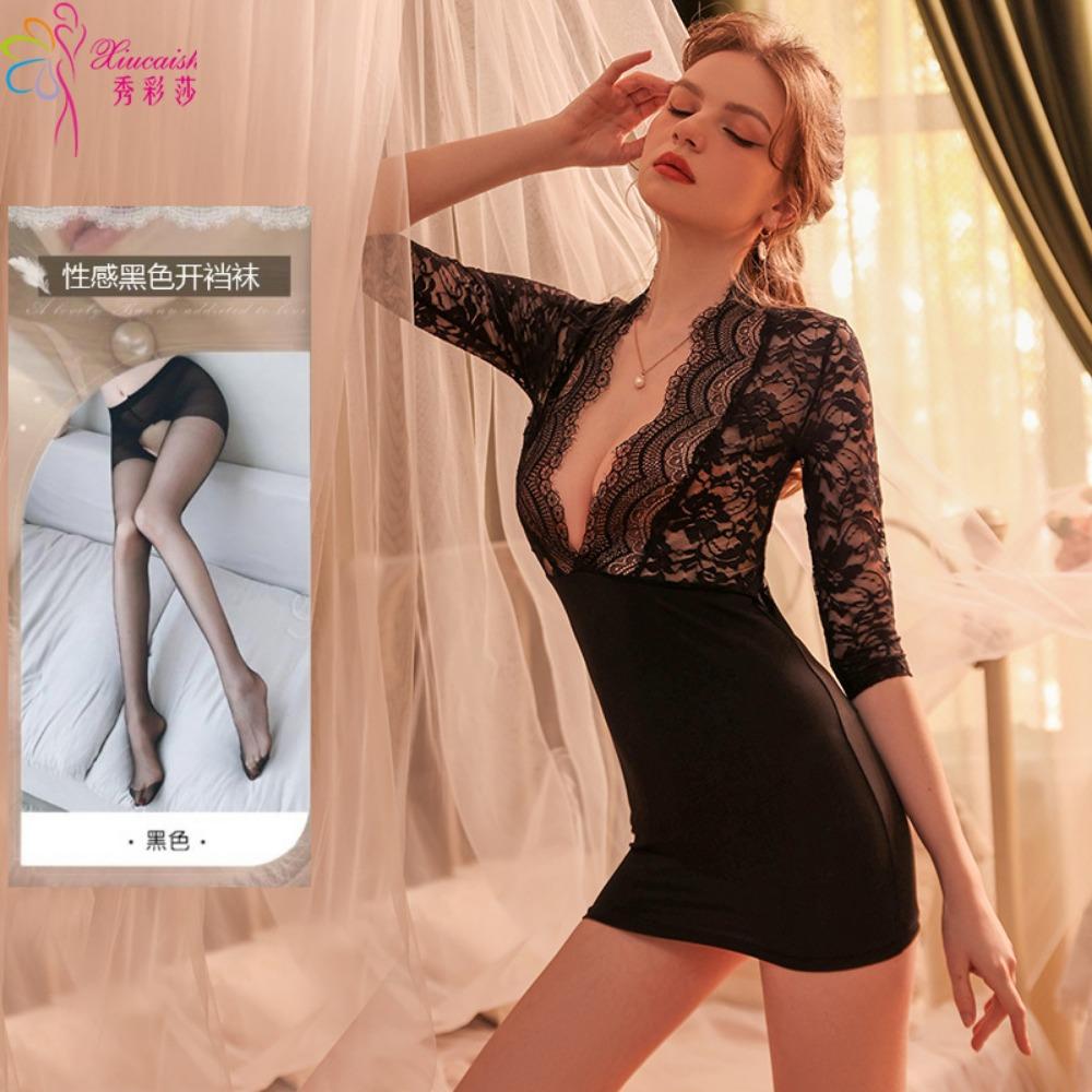 Sexy Underwear Private Room Temptation Secretary Uniform Autumn and Winter Short-sleeved Hip-wrapped Nightdress Casual Home Suit Pajamas Qqny