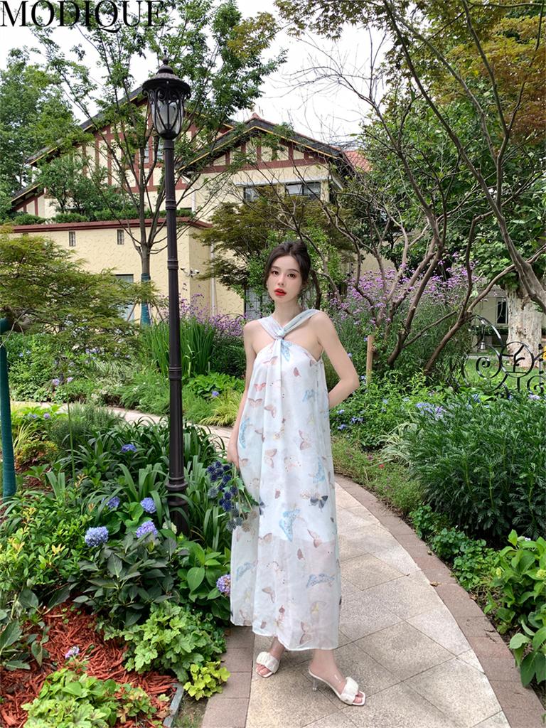 MODIQUE Summer Women Elegant Butterfly Print Casual Beach Backless Mesh Gauze Girly Halter Long Dresses Holiday Lady Fairycore Sweet Atmosphere Dress