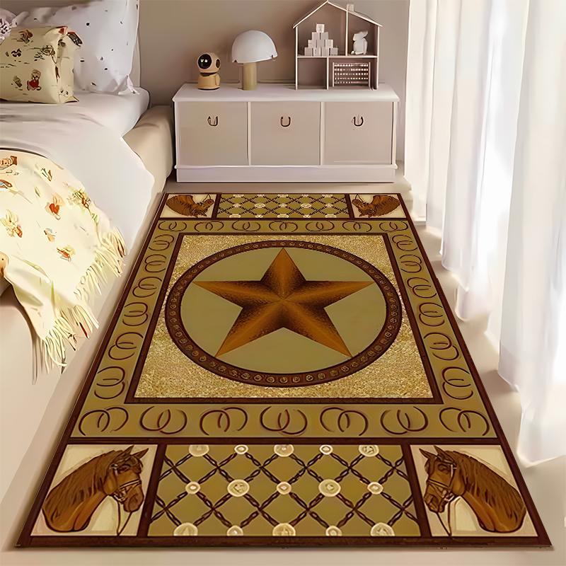 Western Star and Horse Design Rug - Non-slip rug suitable for living room and bedroom sofas.