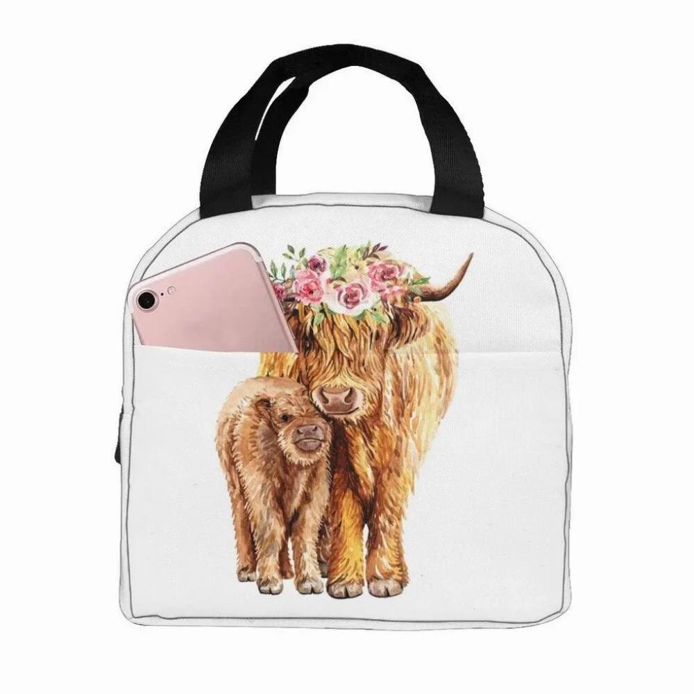Genți de prânz amuzante cu vacă Highland pentru bărbați femei cutie de prânz izolată geantă tote frigorifică pentru muncă călătorie picnic, Multicolor