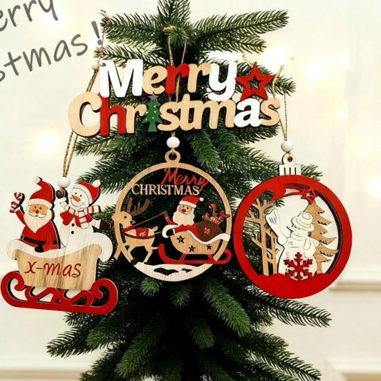 Christmas Ornament Wooden Hanging Santa Snowman Merry Christmas Decor Wood Red Xmas Tree Ornament for Holiday Home Decor