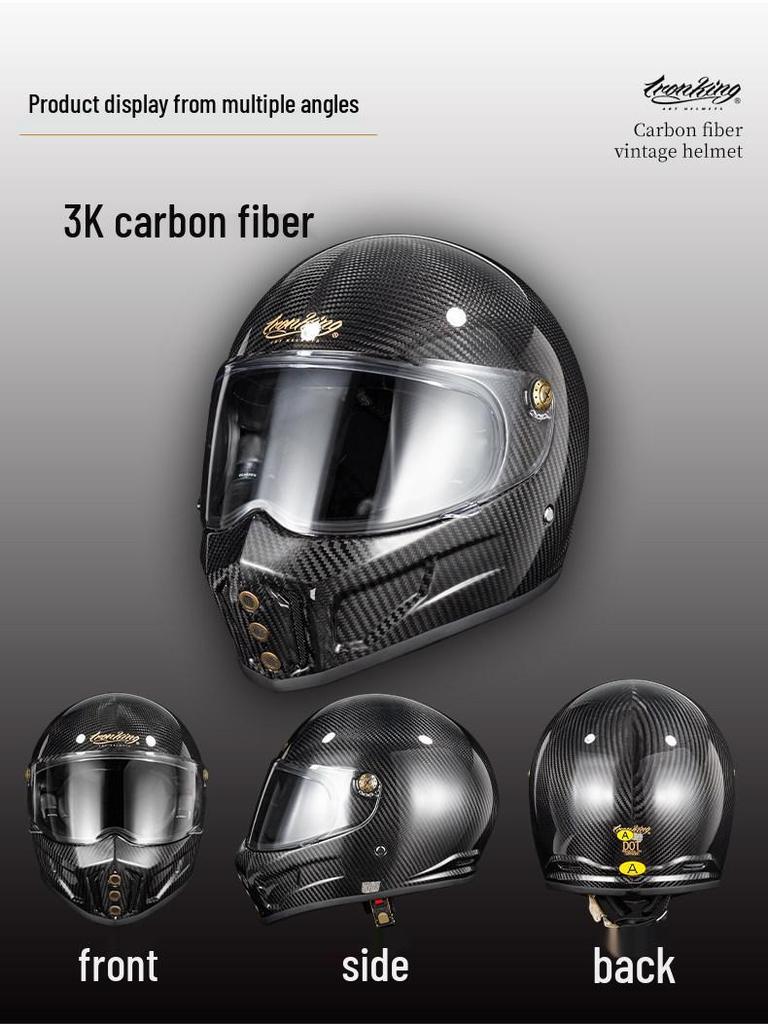 IRONKING Tough Guy Carbon Fiber 4-Season Racing Helmet, 3C Certified Anti-Fog Retro Full Face for Men.