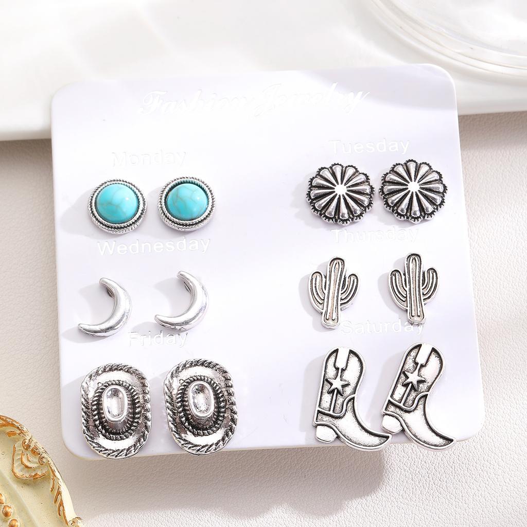 6pcs Set Retro Ethnic Western Cowboy Style Hat Boots Moon Cactus Turquoise Stud Earrings for Women Fashion Jewelry Sets Gifts