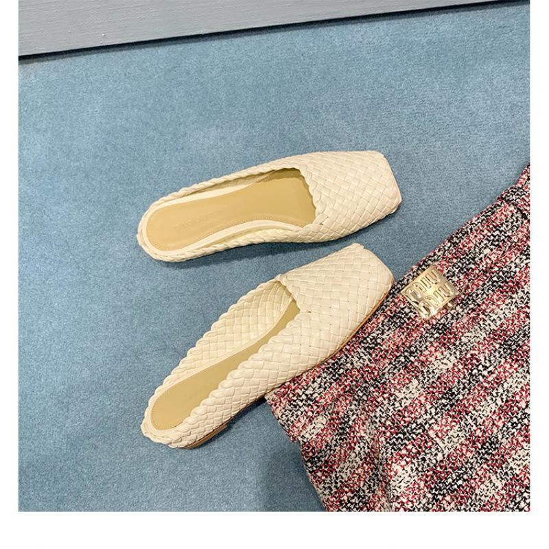 

Shoes cowhide hand-woven square head fish mouth flat bottom empty slippers women 40