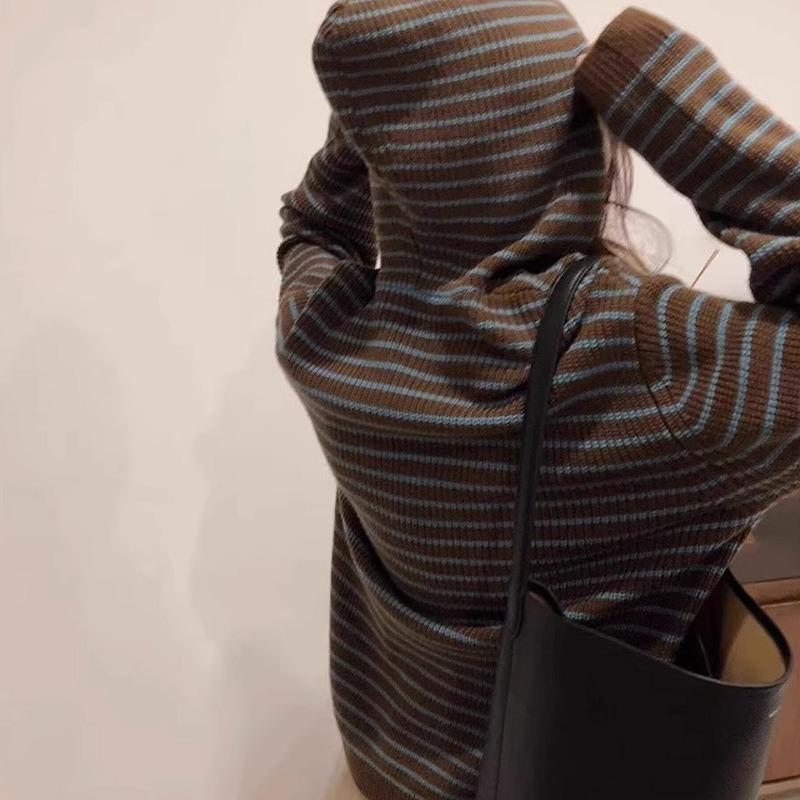 Autumn and winter new loose soft waxy lazy wind knitted hooded striped sweater jacket women's top