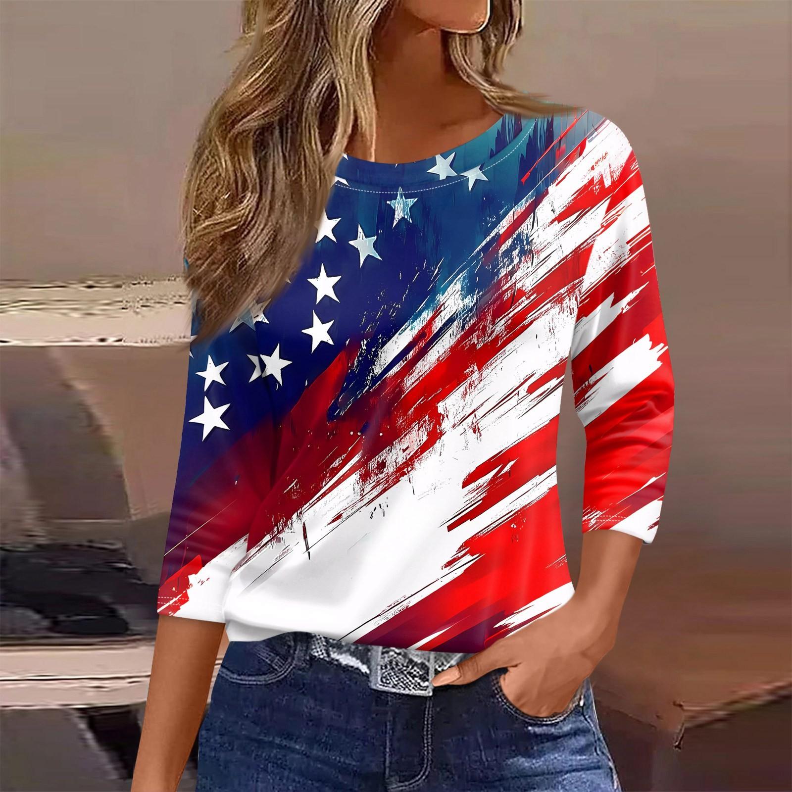 

Женская футболка с принтом, рукав 3/4, повседневная мода, базовый круглый вырез, обычный топ L синий