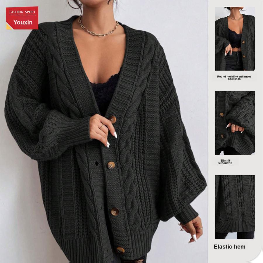 Women's Oversized V-Neck Knit Sweater Vintage Style Cardigan Long Sleeve Shawl