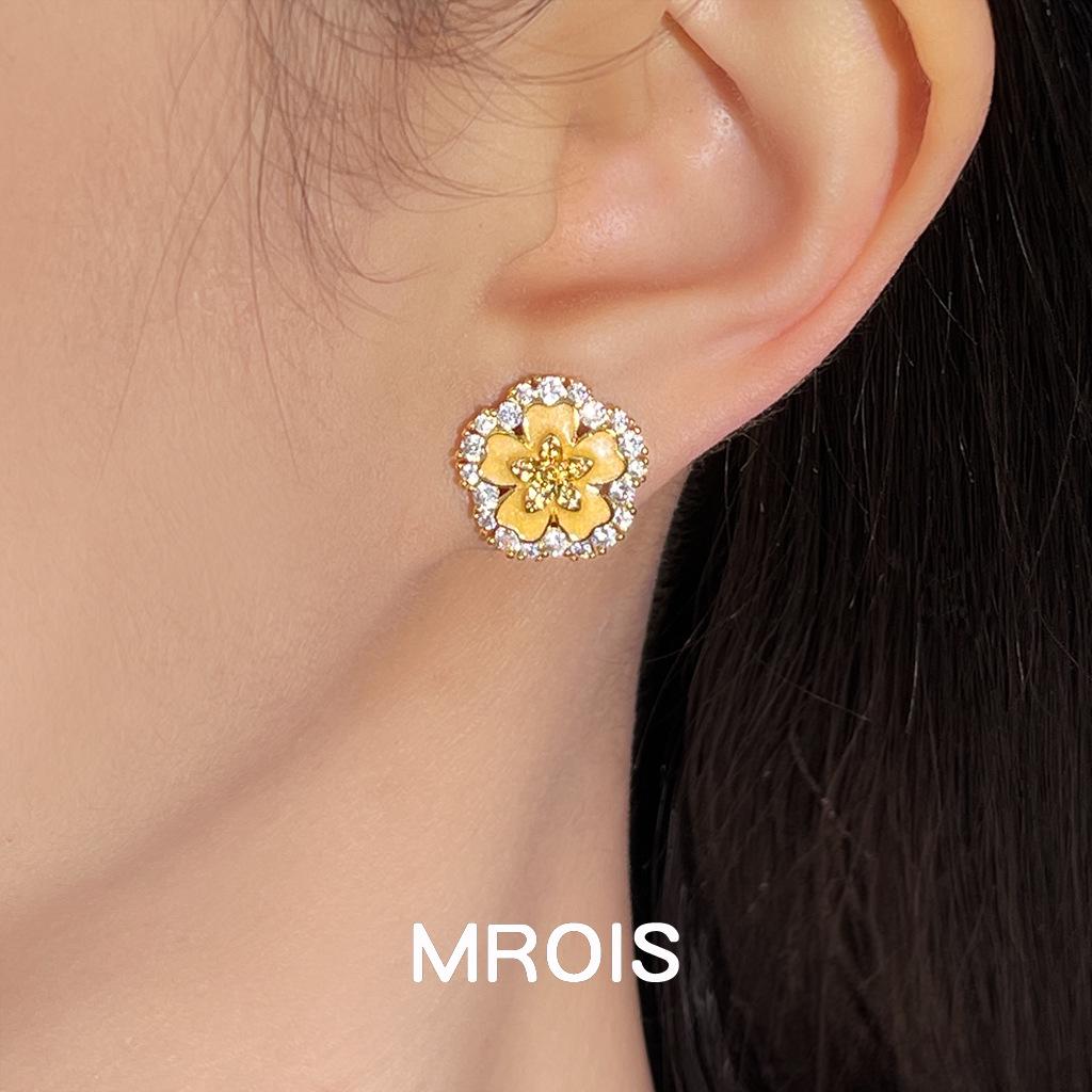 18K Gold Enamel Drip Glaze Zircon Flower Stud Earrings - Elegant, Luxurious Design for Women
