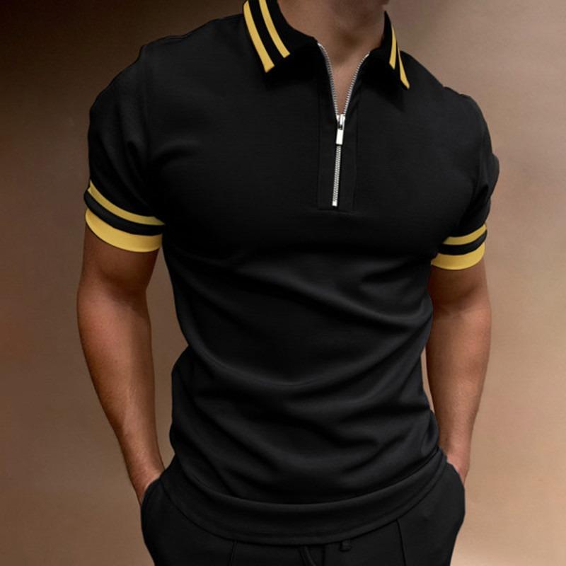 Mens Casual Houndstooth Color Block Short Sleeve Zip Up Polo Shirt
