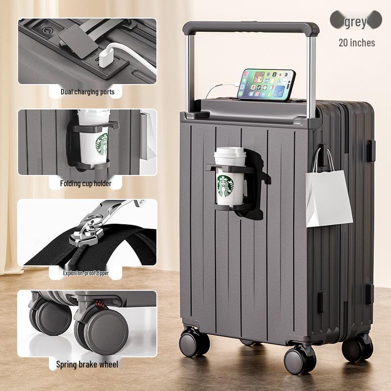 

Женский чемодан-тележка большой вместимости с подстаканником, портом для зарядки и отделкой из кожи - Многофункциональный, ударопрочный дизайн