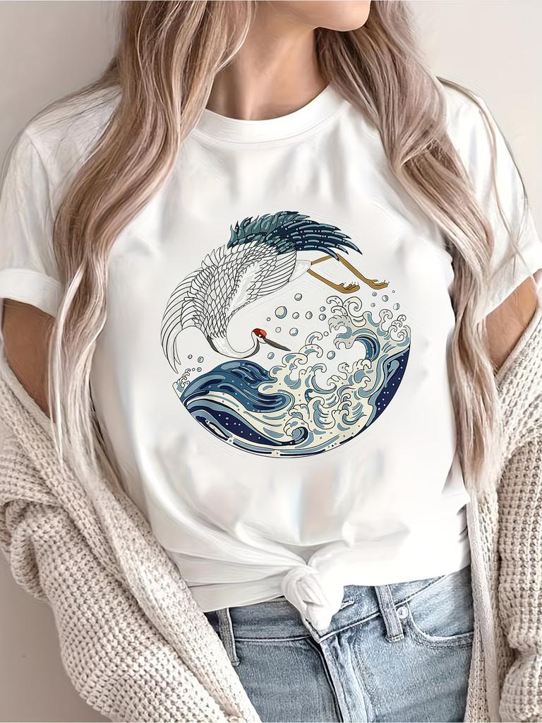 Women Crane Great Wave Graphic T-Shirt Summer Short Sleeve Animal Print Loose Fit Tops Female Casual Fashion Streetwear Art Tee