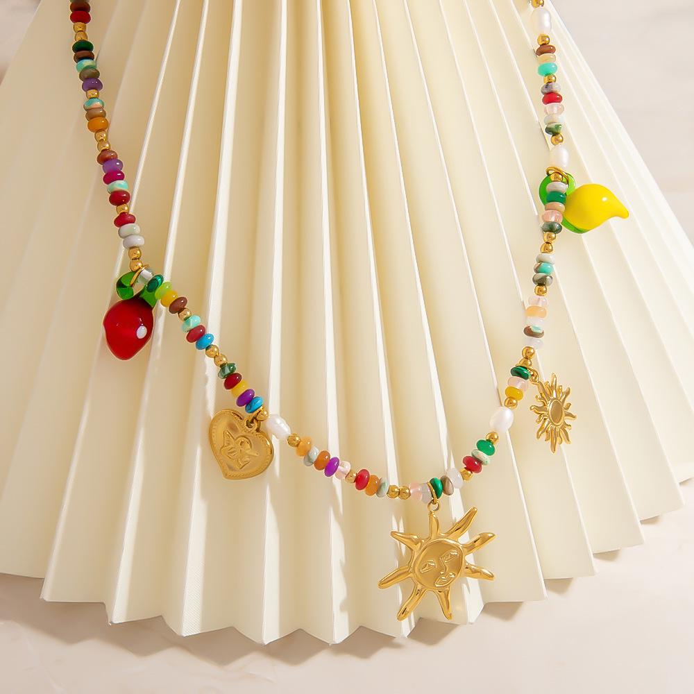European & American Natural Stone Beaded Necklace, Bohemian Retro Style with Beach Elements, 18K Gold Plated for a Summery Touch.