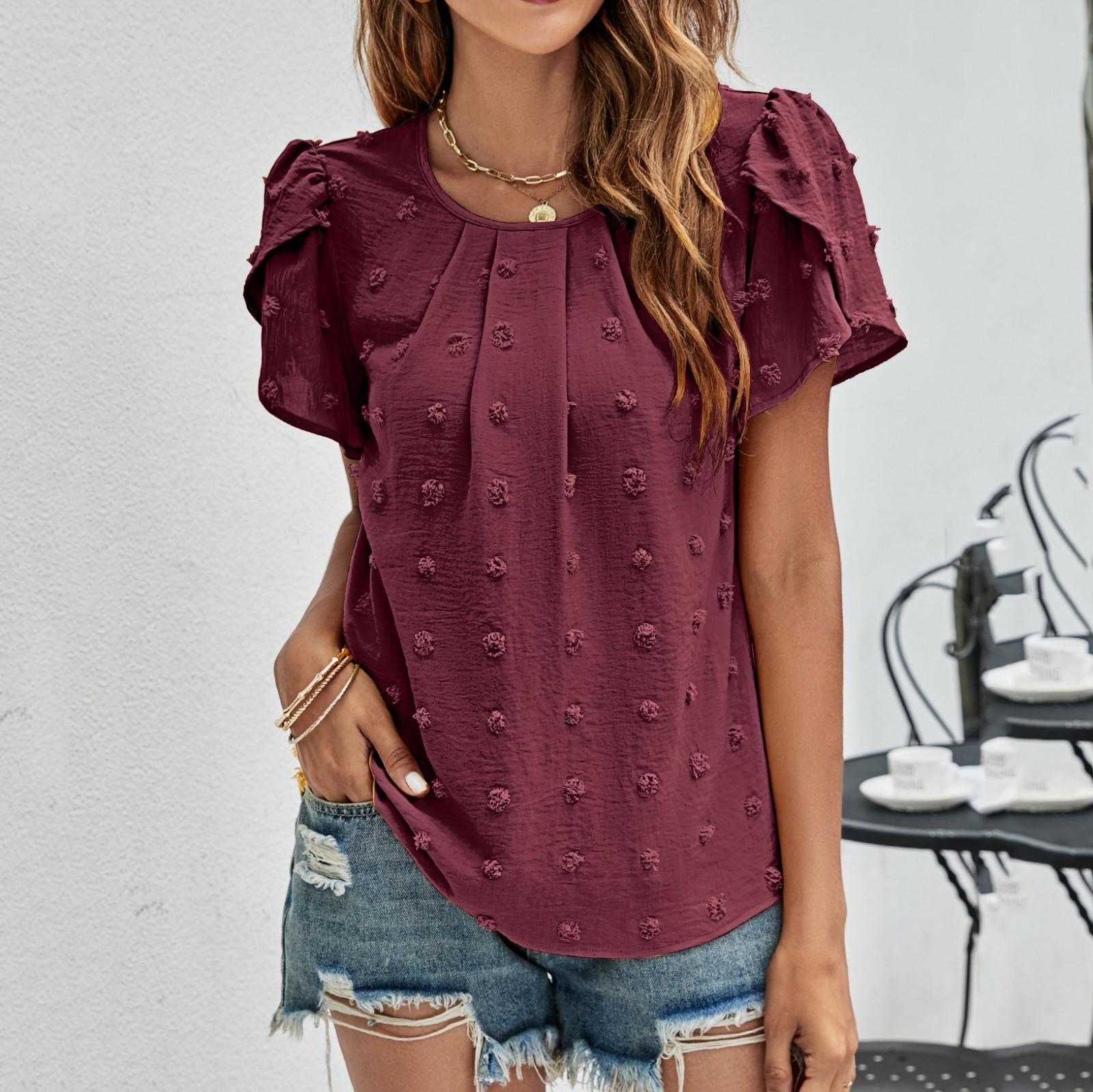 

Женская мода плиссированный повседневный однотонный свободный топ с круглым вырезом и рукавами-лепестками XL винный