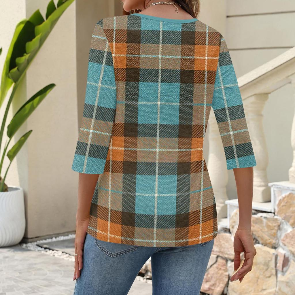 Women's Fashionable Casual Three Quarter Sleeve Printed Collar Pullover Top