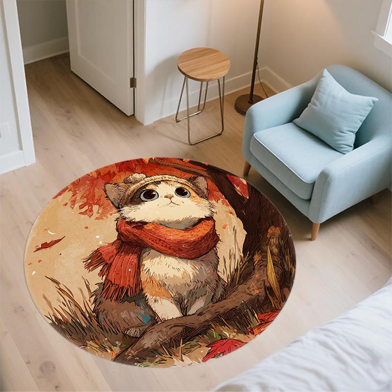 Cat with Leaf Scarf,Round Area Rug,Carpet Rug for Living Room Bedroom Sofa Playroom Decor,Non-slip Floor Mat