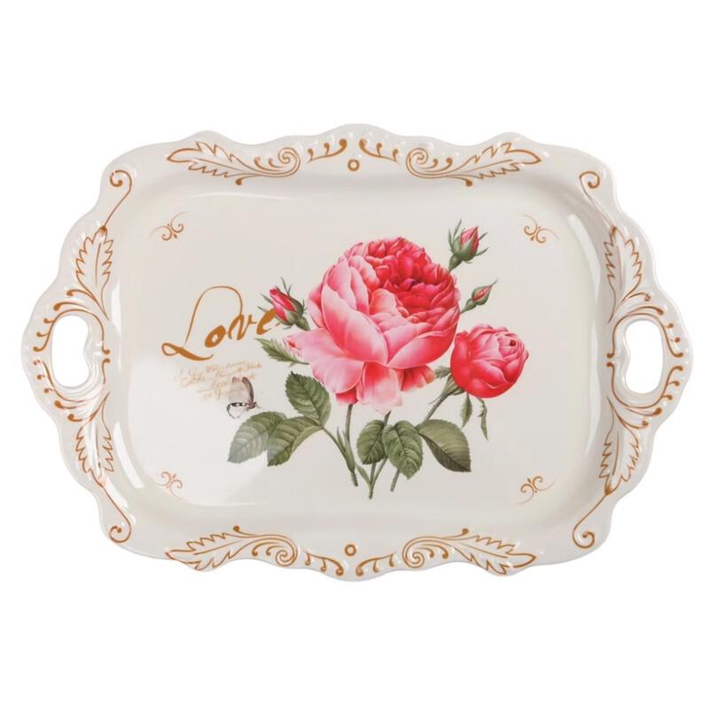 Ruhan Rectangular Rose Pattern Serving Tray with Handles