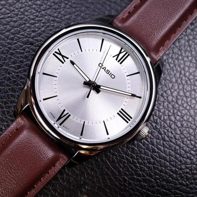 Casio Standard Series Simple Retro Small Round Watch Business Fashion Quartz Movement Leather Strap Men watches Silver MTP-V005L-7B5