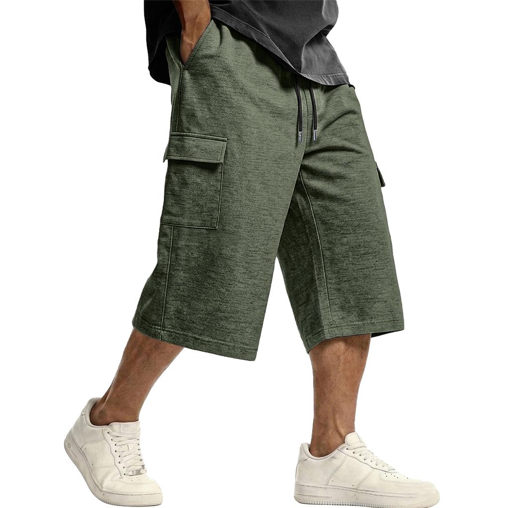 Men's Casual Drawstring Cargo Shorts Knee Length Loose Fit Lightweight Breathable Fabric with Multiple Pockets for Everyday Wear