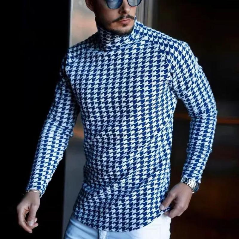 

High Neck Bottoming Men s Long-sleeved T-shirt Thousand Grid Birds Pile Collar Spring New Clothing S синий