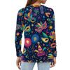 Women's Fashionable Carnival Print Round Neck Long Sleeve Top With Slit Hem