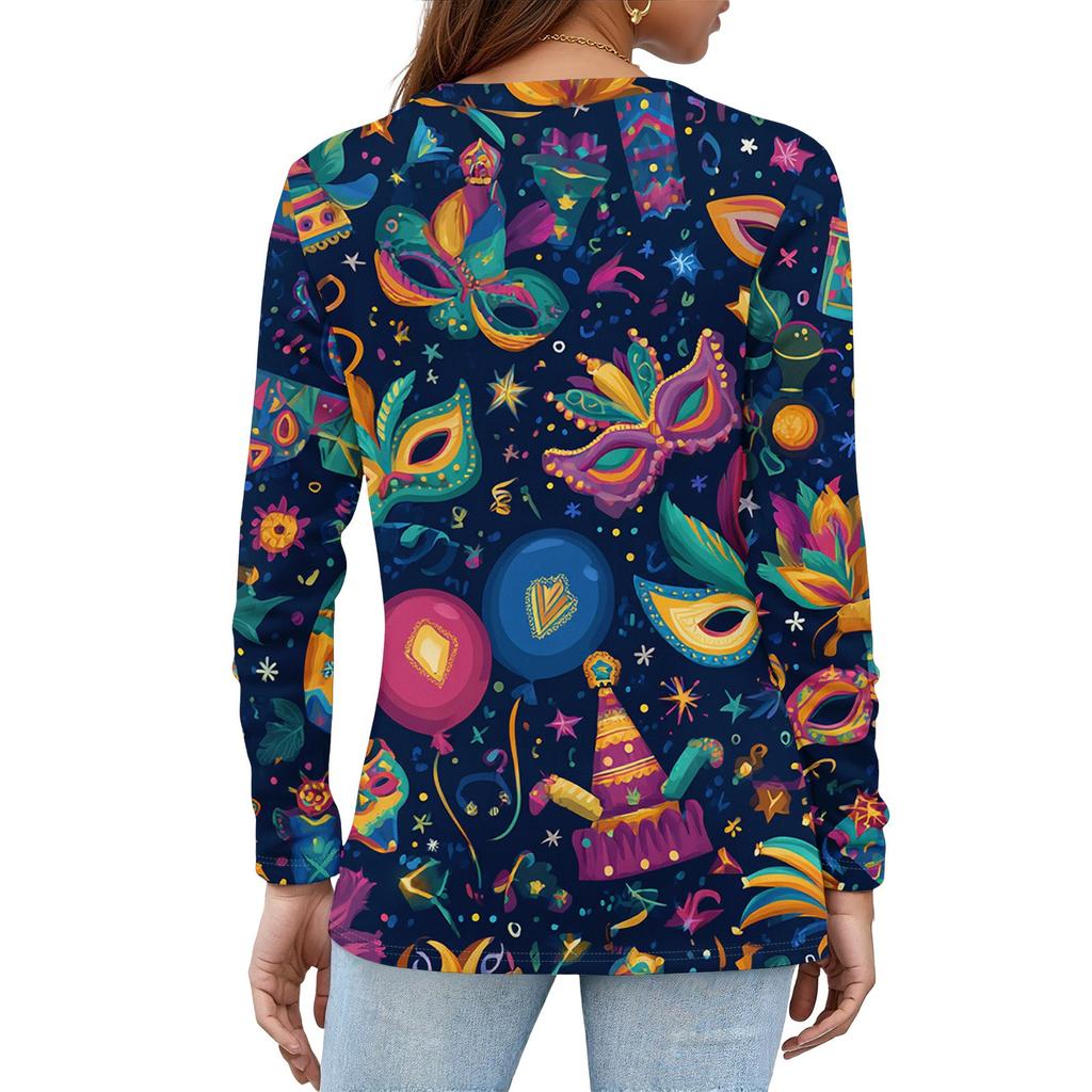 Women's Fashionable Carnival Print Round Neck Long Sleeve Top With Slit Hem