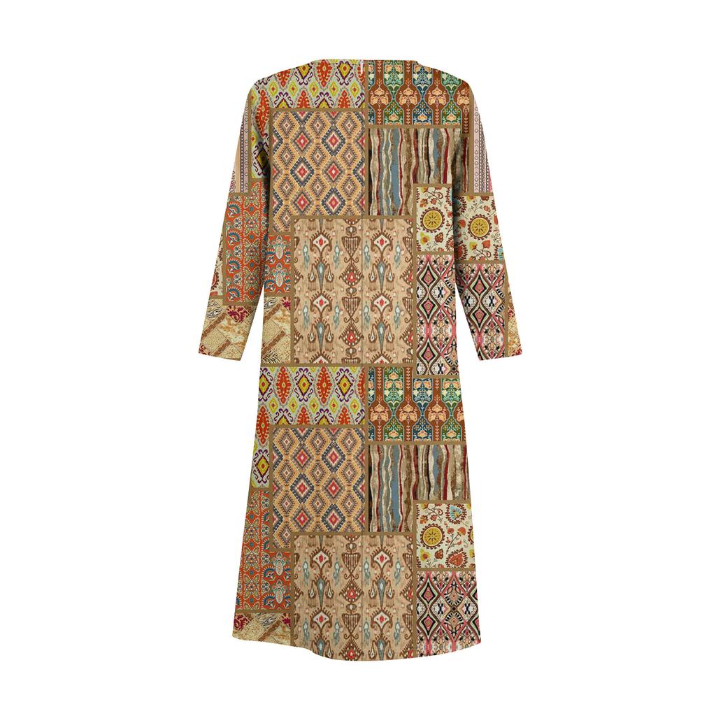 Women's Fashionable Casual Long-Sleeved Round Neck Retro Geometric Print Elegant Dress