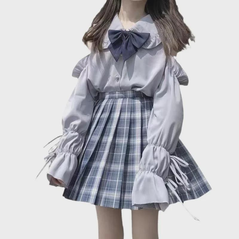 Damen Japanischer JK College-Stil Lolita Oberteil mit Trompetenärmeln und schulterfreiem Puppenkragen