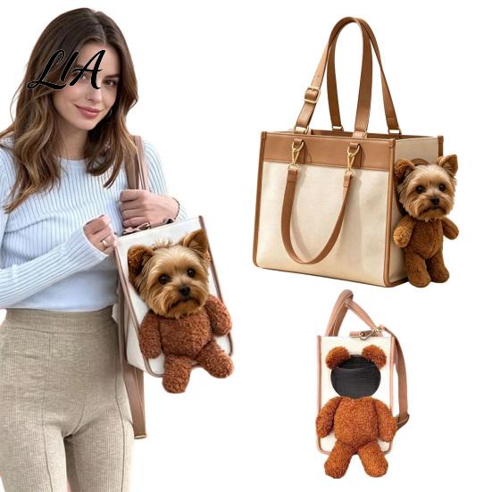 Durable Scratch Resistant Pet Carrier Portable Purse, Plush Bear Dog Tote, Side Head Soft Sided for Travel Hole, Adjustable Strap, Shoulder