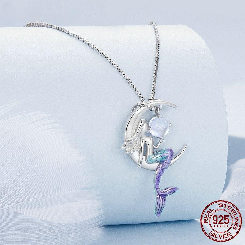 S925 Sterling Silver syrenka naszyjnik księżyc łańcuszek na szyję dla kobiet delikatny prezent urodzinowy Fine Jewelry